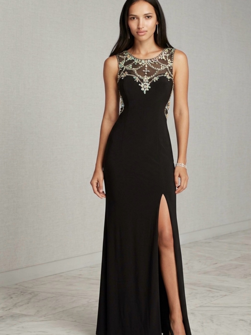 Crystal Doll Black Evening Gown with Beaded Illusion Yoke